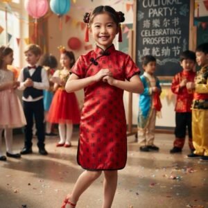Traditional Chinese Mandarin Collar Cheongsam Dress for Kids – Red Silk Short-Sleeve Qipao with Traditional Lucky Character Print for Cultural Events, Parties & Festivals
Product D