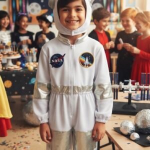 Kids Astronaut Costume Set – Realistic NASA-Style Space Jumpsuit with Hood for School Fancy Dress, Halloween, and Party Play (White)