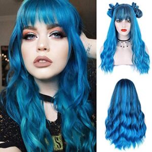 Blue Wig with Bangs Long Wavy Blue Wig with Air Bangs Synthetic Wigs for Women Curly Wigs for Daily Party Cosplay (24 inch)