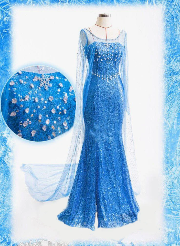 New Adult Sequined Princess Frozen Elsa Blue Dress Costume with Lining Hi Quality