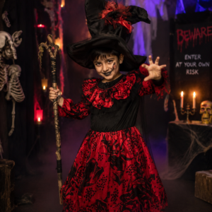 Spooky Red & Black Witch Costume for Kids – Halloween Party Fancy Dress Costume with Witch Hat