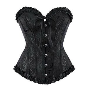 Midnight Enchantment: Deluxe Black Brocade Ruffle Corset - Steampunk, Goth, & Victorian Halloween Costume Top