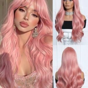 Premium Long Wavy Pink Synthetic Wig with Bangs - Realistic Hair for Cosplay & Daily Wear"