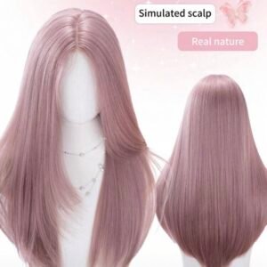 Premium Ash-Pink Long Straight Wig with Realistic Simulated Scalp & Natural Hairline