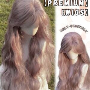 Premium Long Wavy Hair Wig for Women – Natural Looking Synthetic Ash Pink/Blonde Hair Wig with Bangs for Cosplay & Daily Wear