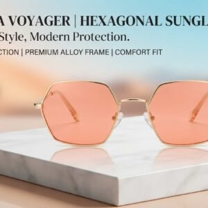 Aurora Voyager Hexagonal Sunglasses for Women & Men – Peach Tinted Lenses, Gold Metal Frame, UV400 Protection, Vintage Geometric Eyewear