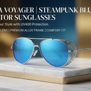 Aura Voyager Steampunk Blue Aviator Sunglasses for Men & Women – Silver Etched Metal Frame, Mirrored UV400 Protection Lenses, Retro Eyewear