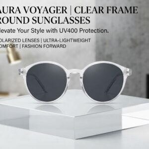 Aura Voyager Clear Frame Round Sunglasses for Men & Women – Vintage Retro Style, Polarized UV400 Protection Lenses, Lightweight Designer Eyewear