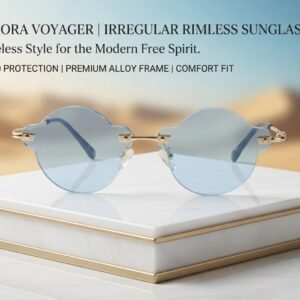 Aurora Voyager Irregular Rimless Sunglasses for Women & Men – Unique Cloud-Shaped Light Blue Lenses, Gold Metal Frame, UV400 Protection, Retro Vintage Eyewear