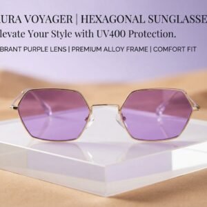 Aura Voyager Hexagonal Sunglasses for Women & Men – Vibrant Purple Tinted Lenses, Gold Metal Frame, UV400 Protection, Vintage Geometric Eyewear