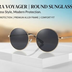Aura Voyager Classic Round Sunglasses for Women & Men – Vintage Gold Metal Frame, Dark Tinted UV400 Protection Lenses, Retro Designer Eyewear