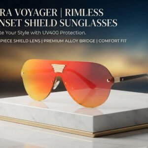 Aura Voyager Rimless Sunset Shield Sunglasses for Women & Men – Oversized One-Piece Red Orange Gradient Lens, Gold Accent Bridge, UV400 Protection Fashion Eyewear