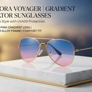 Aurora Voyager Gradient Aviator Sunglasses for Women & Men – Stylish Gold Metal Frame, Blue to Pink Mirrored Lens, UV400 Protection, Vintage Pilot Eyewear