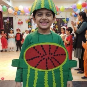 Kids Fun Fruit Costume Set – Handmade Watermelon Dress-Up Outfit with Matching Hat, Green Shirt & Trousers, Perfect for School Annual Function, Party Program, and Halloween