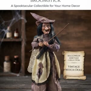 Grand Halloween Witch Doll Collectible – Vintage Designer Figurine with Broomstick, Spooky Handmade Props, Creepy Gothic Home Decor for Mantel & Tabletop