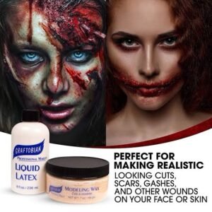 Professional Liquid Latex for Special Effects Makeup – 8 oz Flesh Tone Skin Latex with Modeling Wax & SFX Tools | Realistic Zombie Scars, Halloween Gash, Fake Wounds, Cuts & Costume Cosplay FX