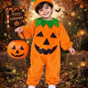 Toddler Pumpkin Halloween Costume - Cute Plush Jack-O-Lantern Romper with Matching Hat and Trick-or-Treat Candy Bucket