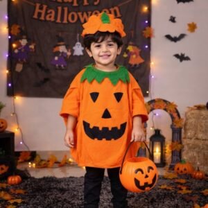 Toddler Pumpkin Halloween Costume - Cute Jack-O-Lantern Poncho with Matching Hat and Trick-or-Treat Candy Bucket