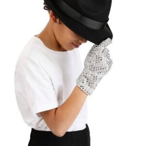 Pop Icon Costume Set for Kids Includes Black Fedora Hat, Sparkling Rhinestone Glove, and Round Sunglasses for Stage Shows, Dance Performances, and Cosplay