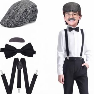 Kids Detective Costume Set – Classic Herringbone Flat Cap, Y-Back Suspenders, Bowtie, Spy Sun-glasses & Vintage Disguise Mustache for Halloween, 100th Day of School & Role Play