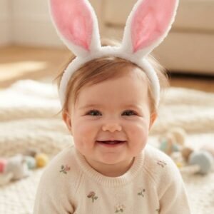 Plush Bunny Ear Headband for Baby Girls & Toddlers – Soft White & Pink Fuzzy Animal Ears Hair Band for Birthday Parties, Photoshoots & Daily Dress-Up